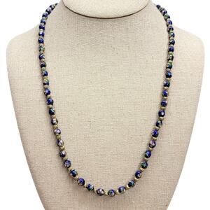 Vintage Chinese Cloisonne Enamel Floral Bead Necklace Blue Gold Tone Spacers